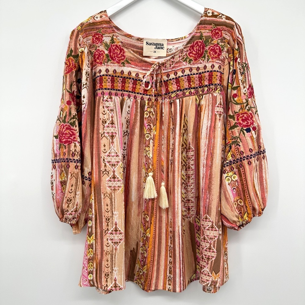 Savanna Jane Top Shirt Size 2X Embroidered 3/4 Sleeve Earthy Western Boho Flowy